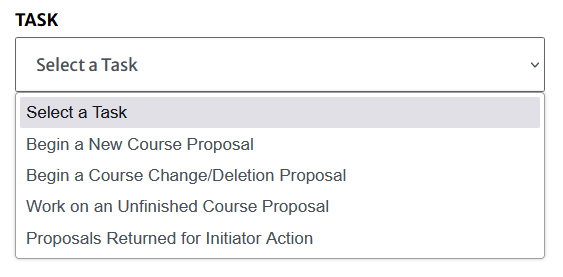 Task dropdown showing Begin a Course Change/Deletion Proposal
