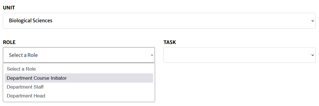 Unit and role selection screen