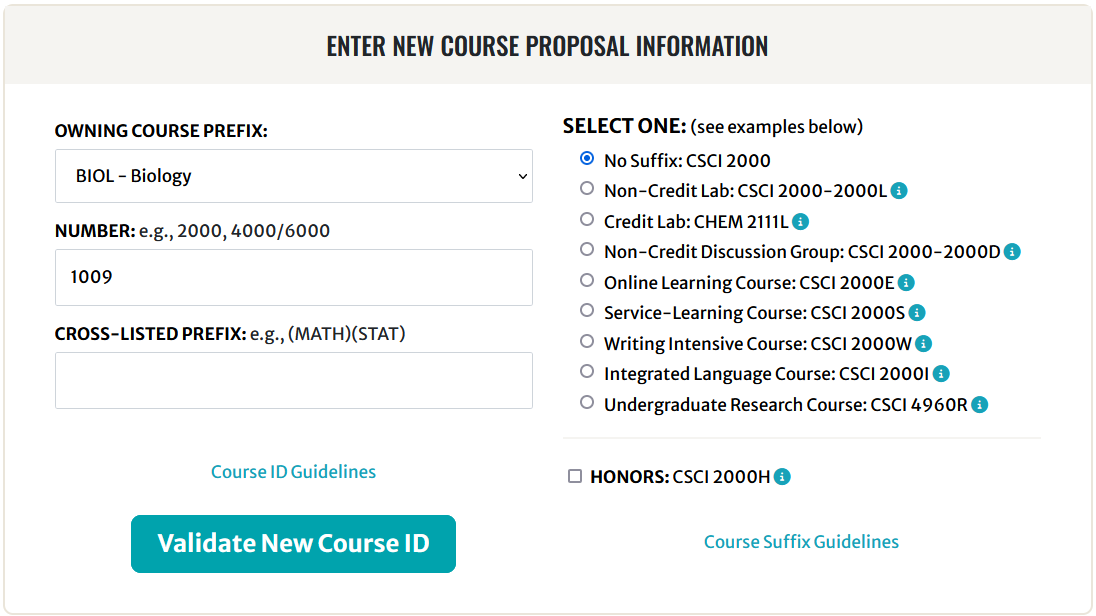New Course ID entry and validation screen