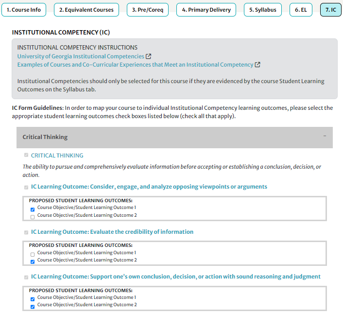 IC competency checkboxes